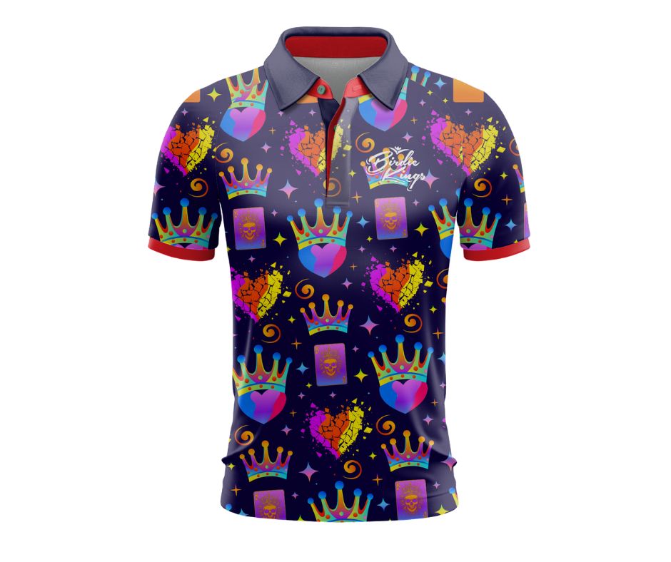 Colorful shirt with heart and crown patterns on a dark background with text and neon lights.