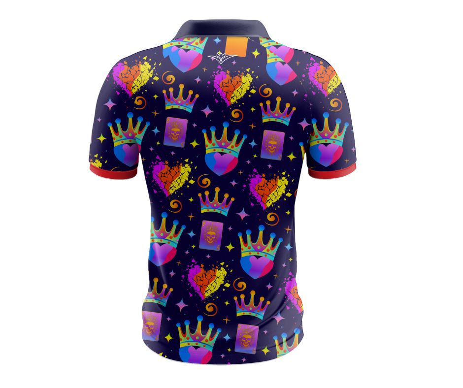 Colorful shirt with heart and crown patterns on a dark background with text and neon lights.