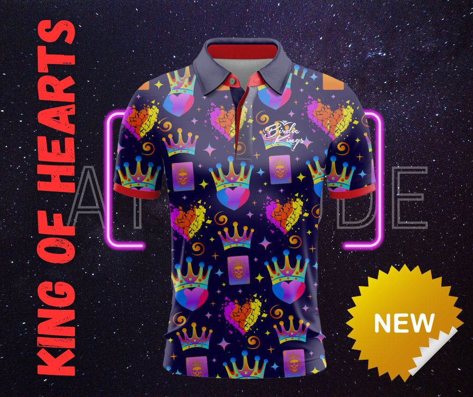 Colorful shirt with heart and crown patterns on a dark background with text and neon lights.