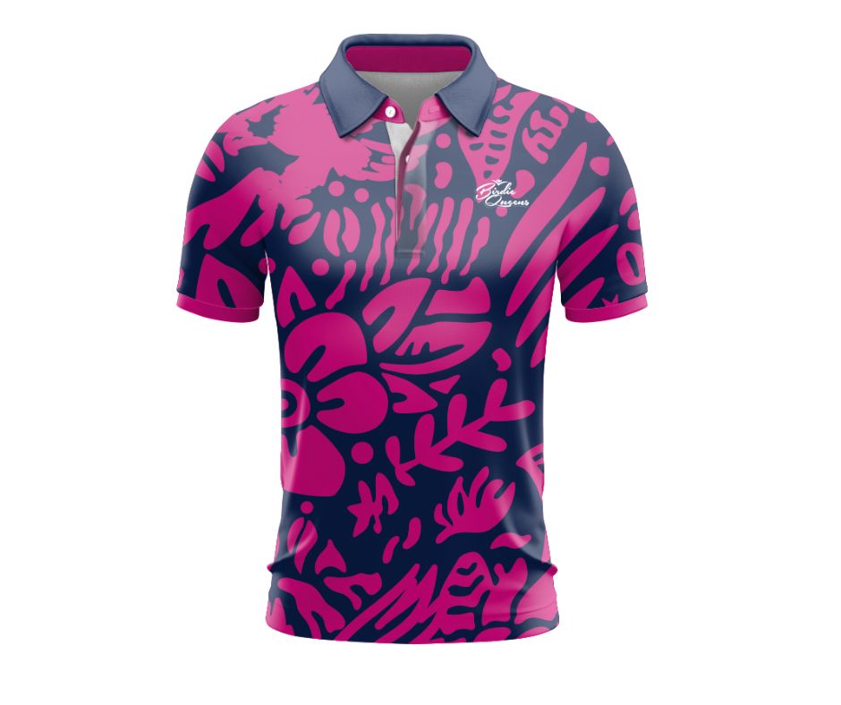 Pink and black patterned polo shirt