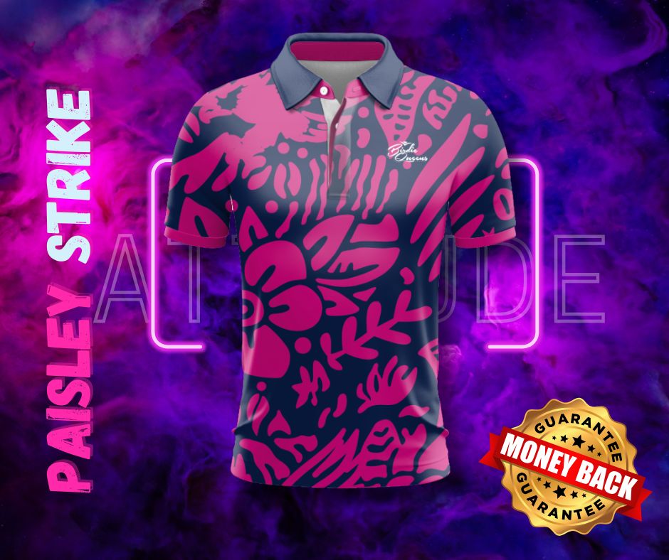 Pink and black patterned polo shirt on a purple background with 'Paisley Strike' text.